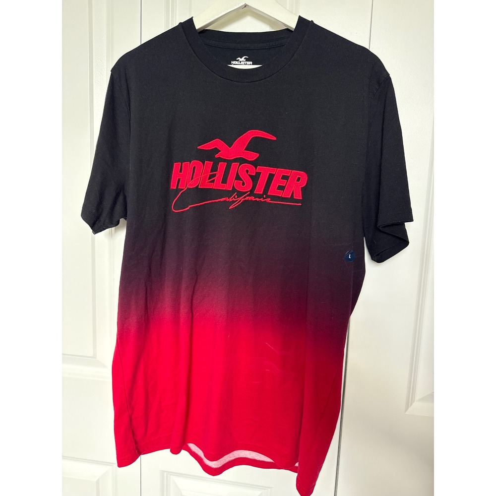 Hollister California Mens Ombre Graphic T-Shirt Black Red Dip Dye Logo Large